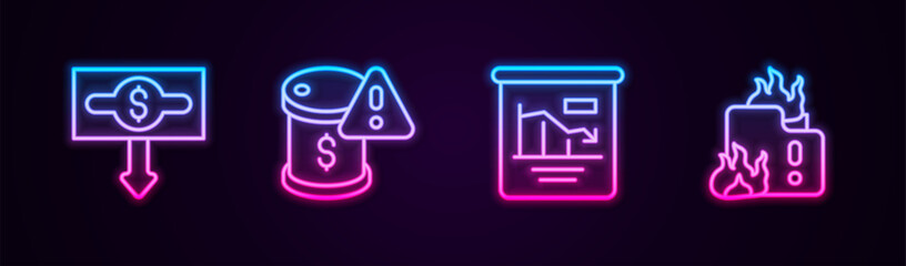 Set line Dollar rate decrease, Drop in crude oil price, Pie chart infographic and Fire burning house. Glowing neon icon. Vector