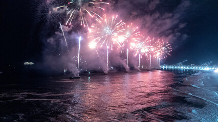 aerial image, made with a drone, of the fireworks display at Copacabana Beach, in Rio de Janeiro,...