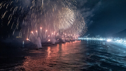 aerial image, made with a drone, of the fireworks display at Copacabana Beach, in Rio de Janeiro,...