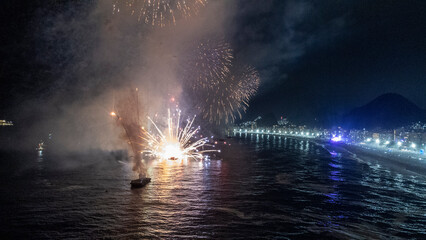 aerial image, made with a drone, of the fireworks display at Copacabana Beach, in Rio de Janeiro, Brazil, at the turn of the year