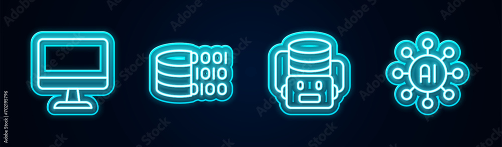 Poster set line computer monitor, binary code, artificial intelligence robot and neural network. glowing ne
