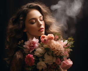 ai generated beautiful woman smelling flowers