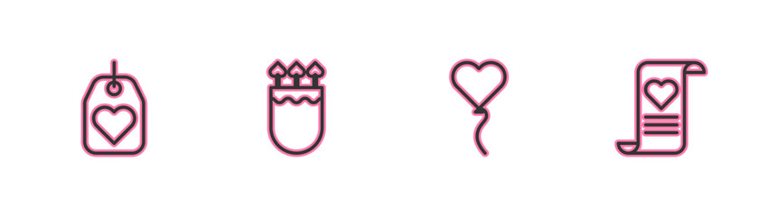 Set line Heart tag, Balloon in form of heart, Quiver and arrows with and Envelope Valentine icon. Vector