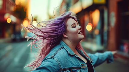 Naklejka premium Beautiful happy plus size girl dancing on the street with colourful bright flying hair. Body love concept. Generative AI