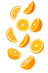 Set of oranges. pieces flying in the air. Isolated