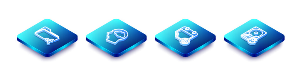 Set Isometric line Share folder, Head silhouette with cloud, Financial calendar and Hard disk drive clockwise icon. Vector