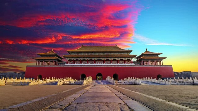 Ancient royal palace of the Forbidden City in Beijing, China. Historic ancient buildings at sunset. 4k time lapse video.