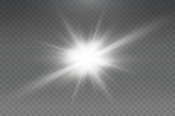 Set of realistic vector white stars png. Set of vector suns png. White flares with highlights.	