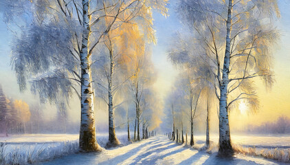 Zimowe drzewa, aleja drzew. Generative AI - obrazy, fototapety, plakaty