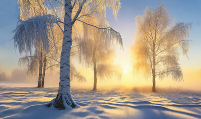 Zimowy krajobraz, aleja drzew. Generative AI - obrazy, fototapety, plakaty