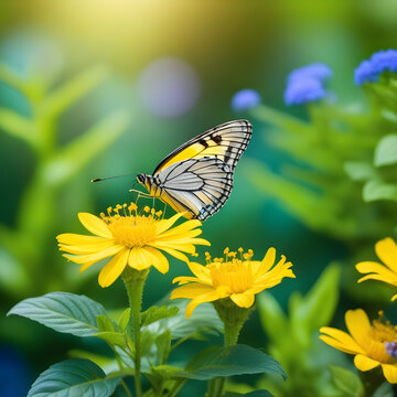 Small yellow bright summer flowers and butterfly on a background of blue and green foliage in a fairy garden. Macro artistic image.