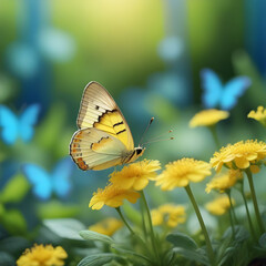 Small yellow bright summer flowers and butterfly on a background of blue and green foliage in a fairy garden. Macro artistic image.
