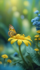 Small yellow bright summer flowers and butterfly on a background of blue and green foliage in a fairy garden. Macro artistic image.
