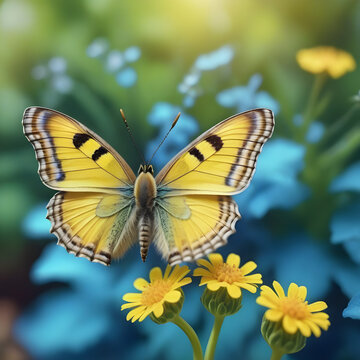 Small yellow bright summer flowers and butterfly on a background of blue and green foliage in a fairy garden. Macro artistic image.