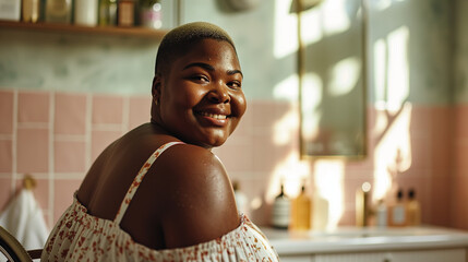 Plus size happy black african american disabled woman in bathroom, practicing self love and body positivity and wellness