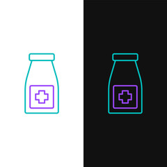 Line Medicine bottle and pills icon isolated on white and black background. Bottle pill sign. Pharmacy design. Colorful outline concept. Vector