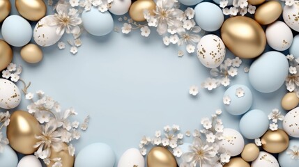 Happy Easter background with gold and blue eggs and flowers.