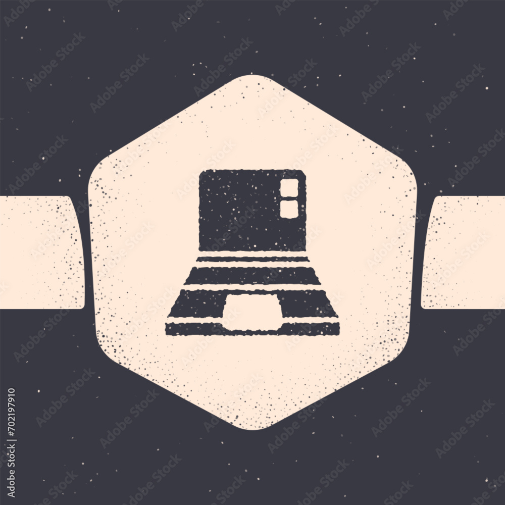 Poster Grunge Laptop icon isolated on grey background. Computer notebook with empty screen sign. Monochrome vintage drawing. Vector