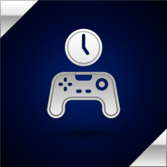 Silver Gamepad of time icon isolated on dark blue background. Time to play games. Game controller.  Vector