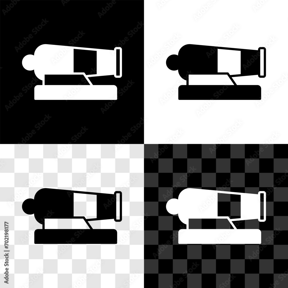 Poster set cannon icon isolated on black and white, transparent background. vector