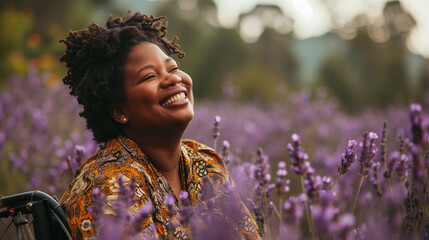 Happy black african american plus size disabled woman in wheelchair in lavender field