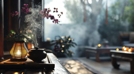 Softly lit candles and incense create a peaceful, meditative atmosphere at dusk.