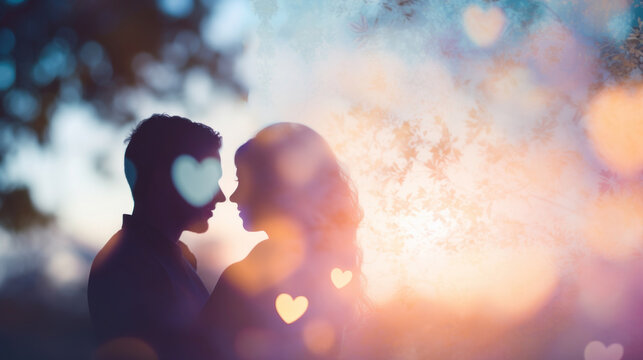 Silhouette of a couple in love with heart bokeh background
