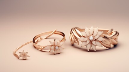 A couple of pink gold bracelets with pink flowers in the center. 