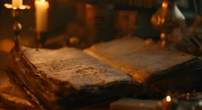 An ancient book open to a page with indecipherable text in candlelight. The concept of wisdom and knowledge.