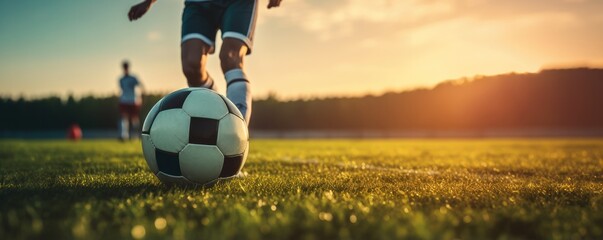 Football player  with sport ball on the modern football pitch, sunset, banner panorama. Generative Ai.