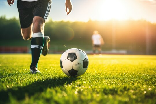 Young football player plays with sport ball on the modern football pitch during sunset. Generative Ai.