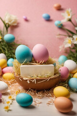 Fototapeta na wymiar Easter Day Creative Background with Rabbit, Eggs and Space Text