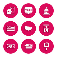 Set USA map, Cannon, American football goal post, flag, Stacks paper money cash, White House and Burger icon. Vector