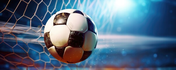 Football sport ball in action during match at the stadium, colorful banner panorama. Generative Ai.