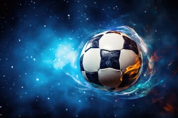 Naklejka premium Football sport ball in action during match at the stadium, colorful. Generative Ai.