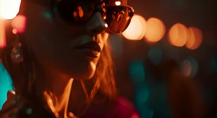 A woman with stylish sunglasses and an earring, set against a background of vibrant bokeh lights. The concept is modern fashion