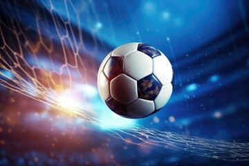 Fototapeta premium Football sport ball in action during match at the stadium, colorful. Generative Ai.