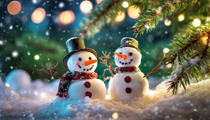 Happy funny couple marshmallow snowmen holding hands and are having fun in snow in the background of lights and green branches. christmas concept.copy space.