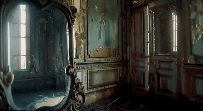A mirror in an abandoned room with peeling paint and a dilapidated wall. The concept of decay and abandonment.