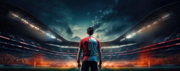 Football player stands on modern football pitch stadium with strong lights, sport panorama....