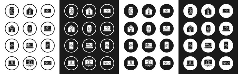 Set Laptop with smart house and light bulb, Smart home watch, temperature, House, Mobile phone and under protection icon. Vector