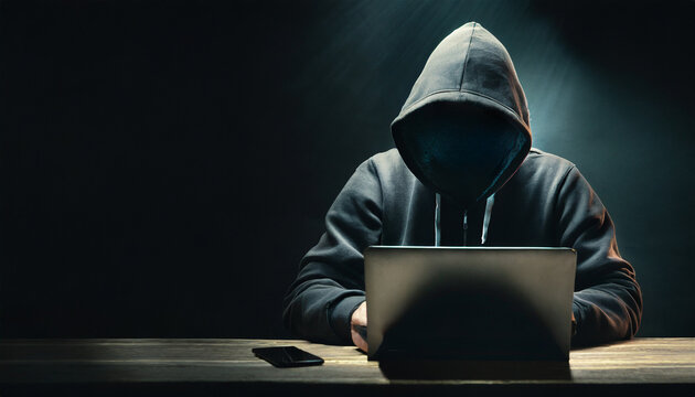 The dark web in a foreground hooded hacker with laptop at dark room.copy space. concept of business security and internet network data security.