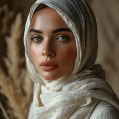 Naklejka premium Portrait of a beautiful and exotic young muslim woman with white hijab