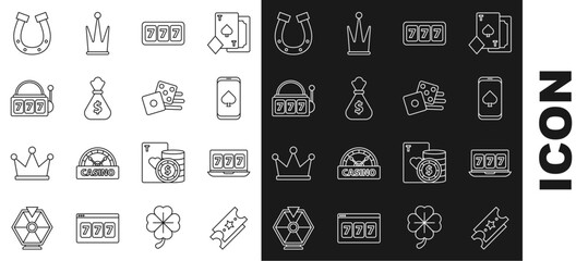 Set line Lottery ticket, Online slot machine with lucky sevens jackpot, poker table game, Slot, Money bag, Horseshoe and Game dice icon. Vector