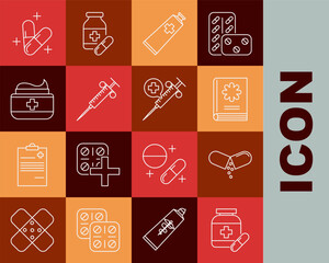 Set line Medicine bottle and pills, or tablet, Medical book, Ointment cream tube medicine, Syringe,  and syringe with needle icon. Vector