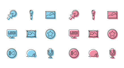 Set line Rewind, Speech bubble chat, Arrow cursor, Microphone, Picture landscape, Star, Like speech and  icon. Vector