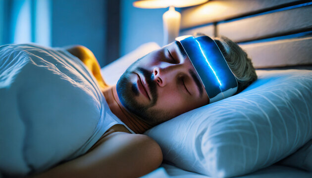 Neuroscience fall asleep concept ,pulse, brain waves,an AI device on a human head,man sleeping in bed,technology sleep quality concept.