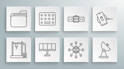 Set line 3D printer, Pills blister pack, Solar energy panel, Social network, Radar, Smartwatch, Wireless charger and Document folder icon. Vector