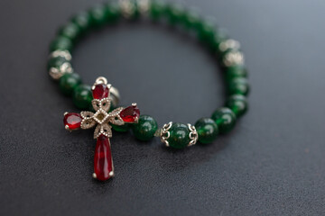 Vintage Elegance - Green Beaded Bracelet with Ruby Cross Pendant