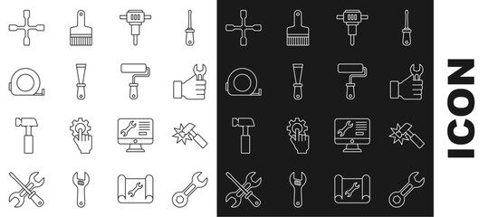 Set line Wrench spanner, Hammer, Construction jackhammer, Putty knife, Roulette construction, Wheel wrench and Paint roller brush icon. Vector